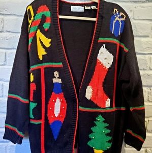 Vintage UGLY Christmas candy cane, tree, gift cardigan sweater, black, large/XL